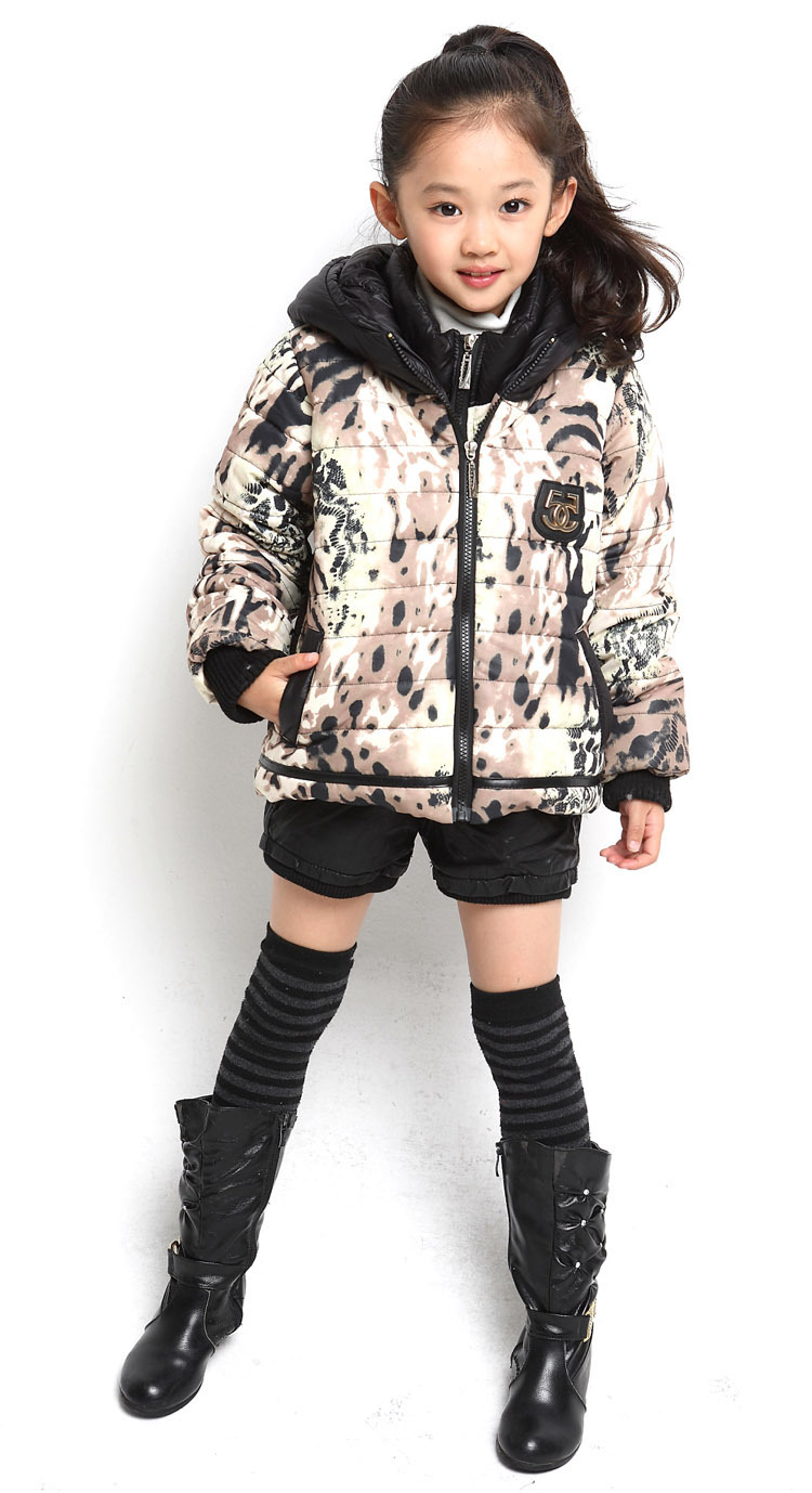 Free shipping Winter new arrival girl double zipper false two-piece leopard splicing cotton-padded clothes outerwear girl coat