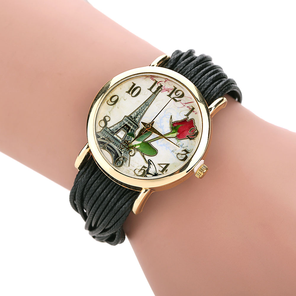 Relojes Mujer 2015 Rose Tower Bracelet Watch Women Leather Analog Quartz Wristwatch Relogio Feminino Women's Clock Dress Watches