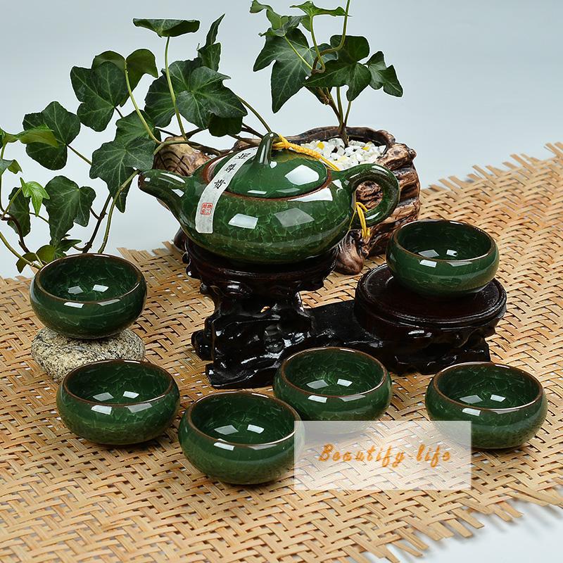 7pcs luxurious Ice Crack teaset Kung Fu Teapot china tea cup porcelain coffee set Green color