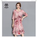 2017 Summer Style Women Dress Floral Print Dress O neck Long sleeves Wrap Fit And Flare