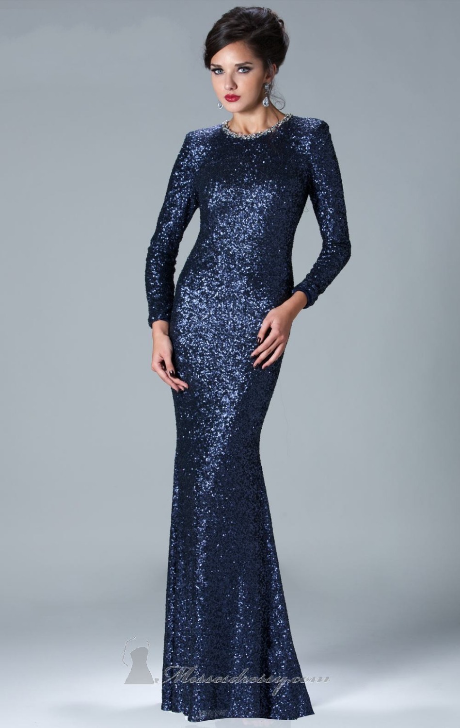 Popular Navy Blue Sequin Long Sleeve Prom Dress-Buy Cheap Navy ...