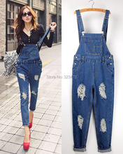 England Loose Casual Street Fashion Women’s Cotton Denim Jeans Woman Overalls Long Hole Bib Pants Spaghetti Strap Jumpsuit Woman