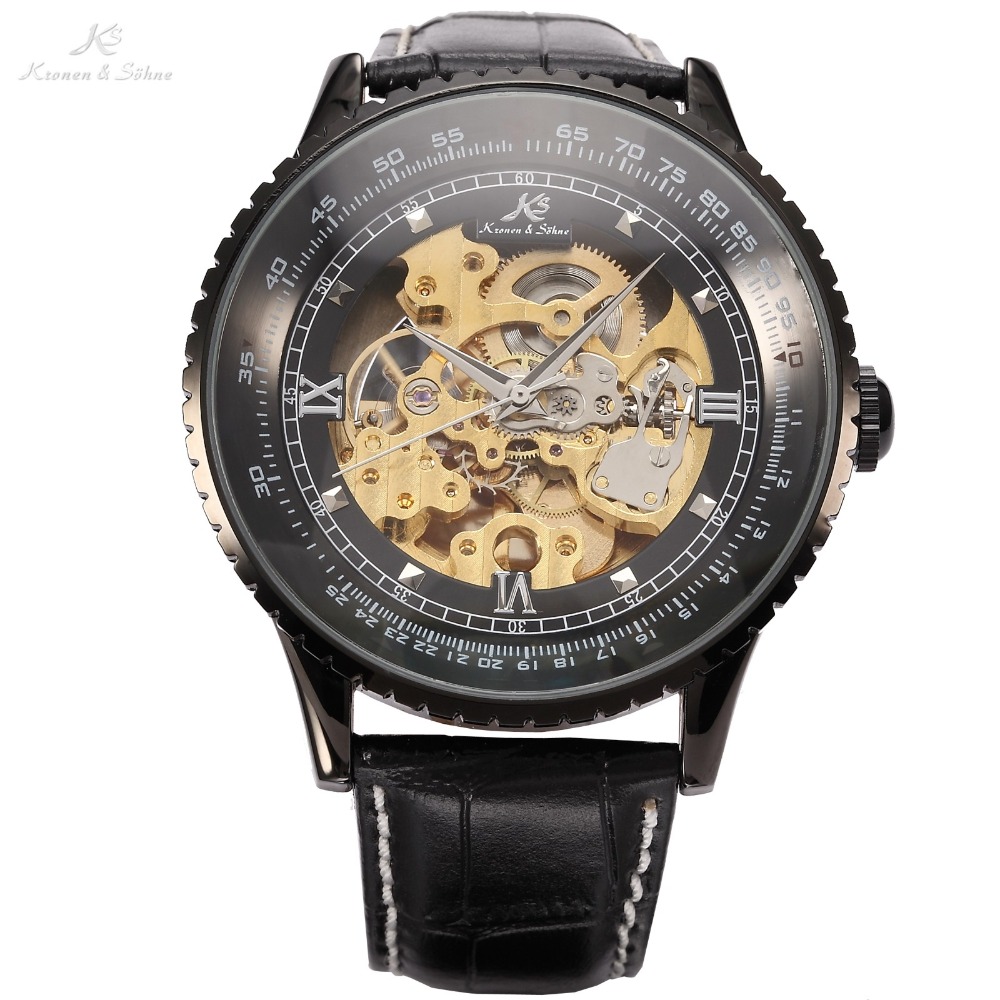 Фотография Classic Luxury Ks Royal Black Big Case Black Automatic Wrap Relogio Mechanical Skeleton Self Wind Men Mechanical Watch / KS114