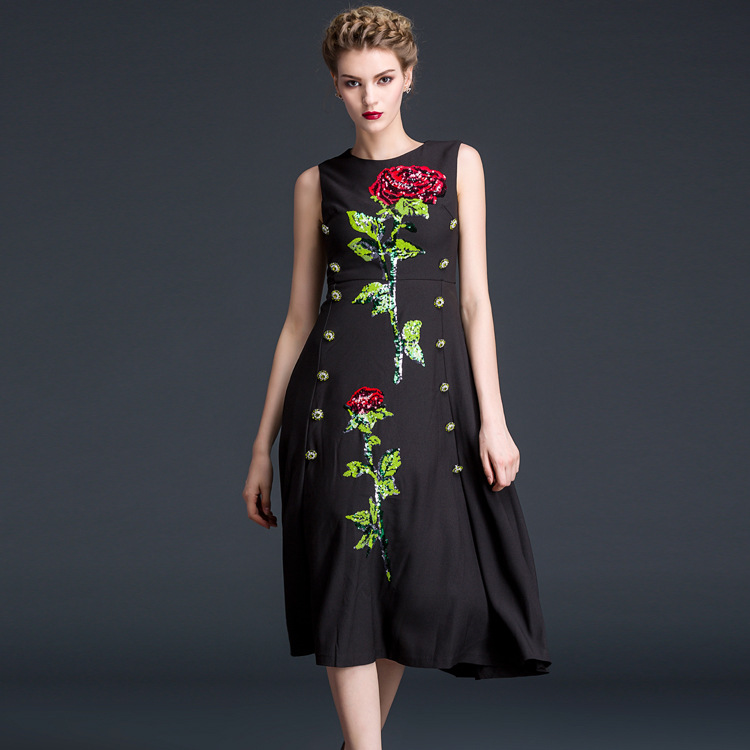 Fasicat 2015 New brand O Neck Sleeveless  Floral Embroidery Women Winter Autumn Dress Elegant Long Dresses Big Large Size 180212