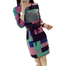 2016 New Autumn Women Dress Round Neck Long Sleeve Fashion Woolen Tartan Dress big yards Slim sexy Dress C0005