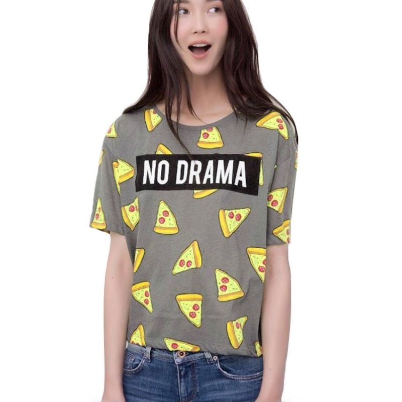 FINNY T shirt Women Cute Pizza NO DRAMA L