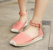 2015 euro 35~43 women ankle strap sandals rivets decoration breathable insole pu leather women low flat shoes