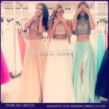 Top Fashion 2015 Two Pieces Prom Dresses High Neck Sleeveless Floor Length Split Side Chiffon Beaded Evening Dresses PD201412