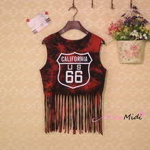 Woman crop Top 2016 Xiaou US Harajuku style tie-dye blooming fringed 66 letters printed sleeveless vest harness Tank blusa Batik