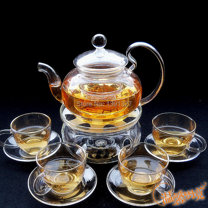 Borosilicate Glass Clear Teapot Tea Set Warmer 4 Mugs 10 Candles