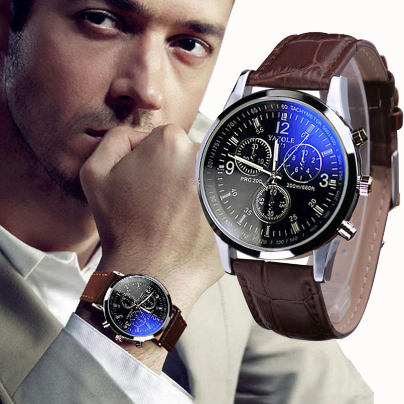 Splendid Luxury Fashion Faux Leather Men Blue Ray Glass Quartz Analog Watches Casual Cool Watch Men