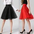 Womens Summer Skirts 2016 New Fashion Red Organza Pleated Skirt Women High Waist Black Midi Skater