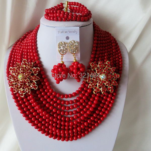 Fashion Nigerian Wedding African Beads Red Coral Beads Jewelry Set Necklace Bracelet Earrings CJS-317