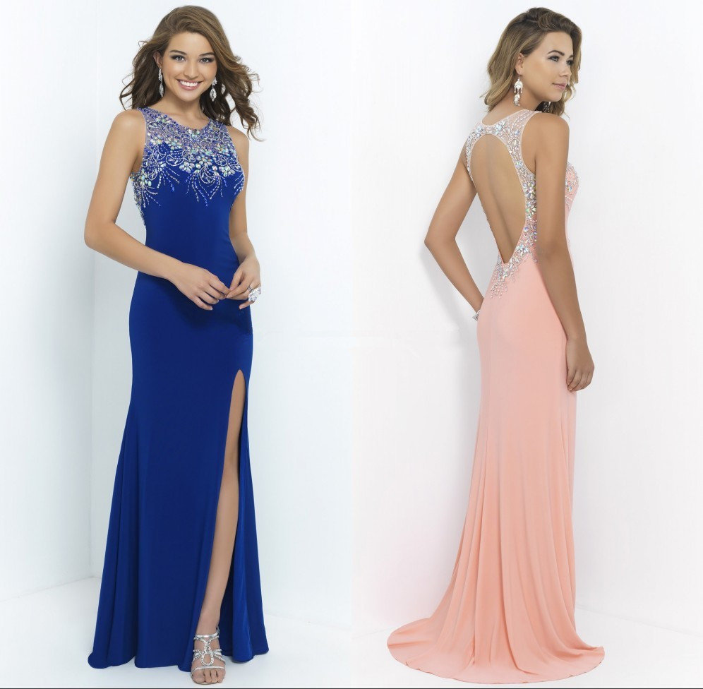 New Elegant Beaded Chiffon Long Slit Royal Blue Coral Prom Dress 2015 Open Back Formal Gowns 