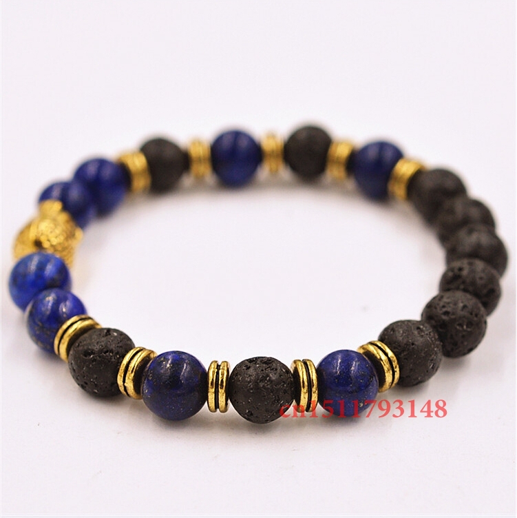 2014 New Men s Beaded Jewelry 8mm Lapis Lazuli Stone Volcanic rock Beads Antique Gold Yoga