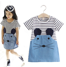 Retail 2-7Y Spring And Autumn New Children Clothing Striped Patchwork Character Baby Girls Dress Denim Long Sleeve Girls Dress