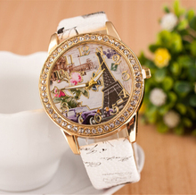 Marca mujeres rhinestone mira el cristal de lujo de la torre Eiffel flor mujeres del reloj para mujer de moda los relojes del cuarzo