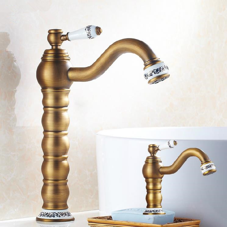 Newly Tall Faucet Retro Style Bathroom Sink Basin Faucet Antique Brass Single Ceramics Handle Single Hole Deck Mount HJ-7822F