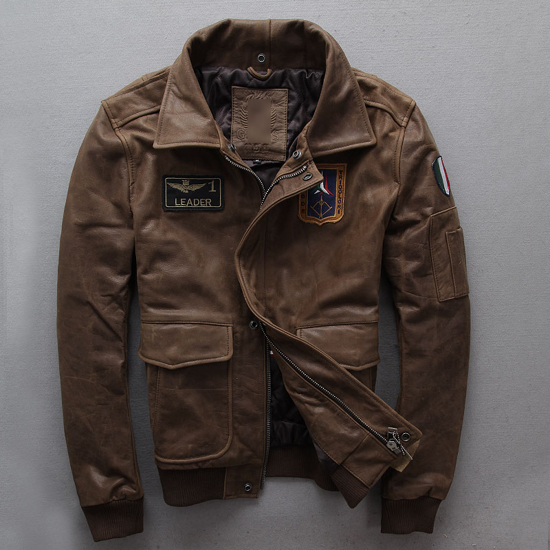 Autumn Mens Genuine Leather Jacket Discount Nubuck Leather Coat Short Slim Cowskin Pilot Jacket ...