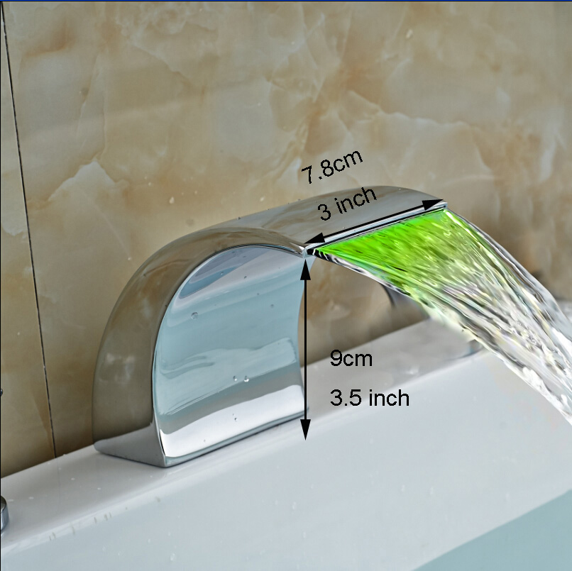 Free Shipping Deck Mount Waterfall Spout LED Color Changing Brass Chrome Basin & Tub Replace Spout