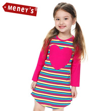 Meney’s WD-003 Autumn Kids Dress 2015 Big Heart Rainbow Baby Dress for Girls Striped Straight Party Dresses Child Cute Clothing
