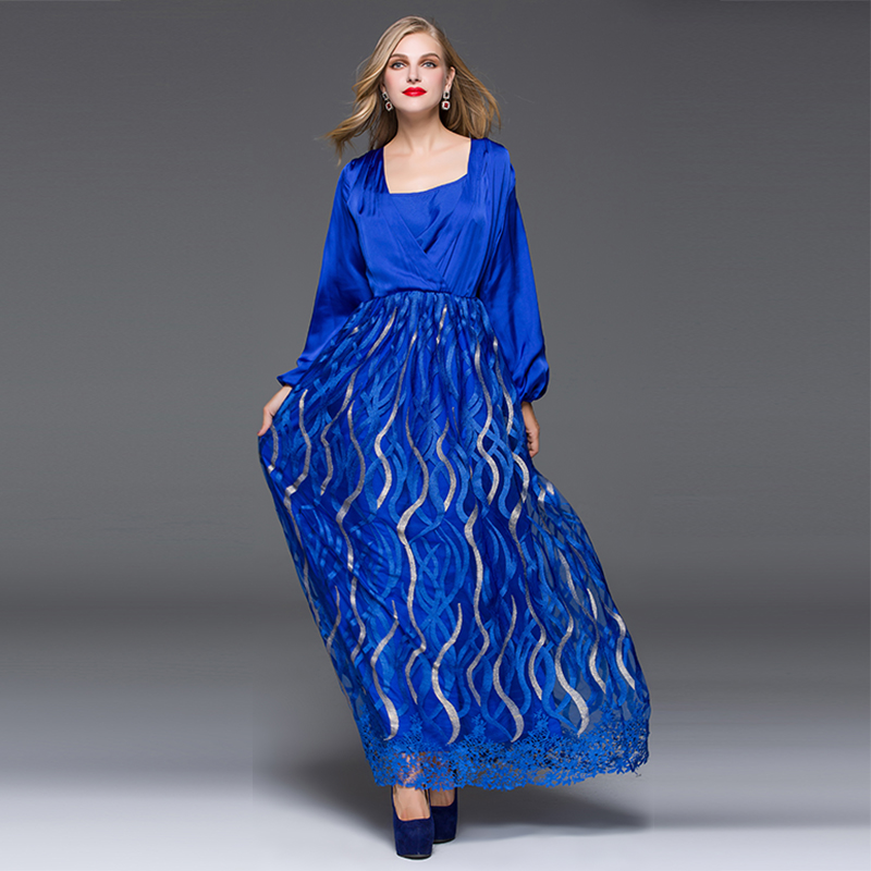 Luxury Dress 2015 New Fashion Autumn Brand Runway Sexy V-Neck Full Sleeve Embroidery Hollow Out  Blue Maxi Ball Gown Dress
