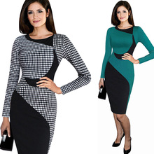 Wholesale-VfEmage Womens Summer Style Colorblock Patchwork Tartan Checks Plaids Wear to Work Business OL Bodycon Sheath Dress