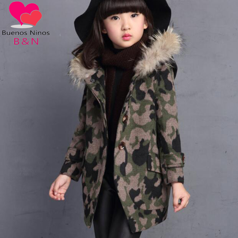 Buenos Ninos 2015 Free Shipping Korean Style Hooded Collar Thicken Winter Outerwear Camouflage Woolen Coat for Children Girls 9