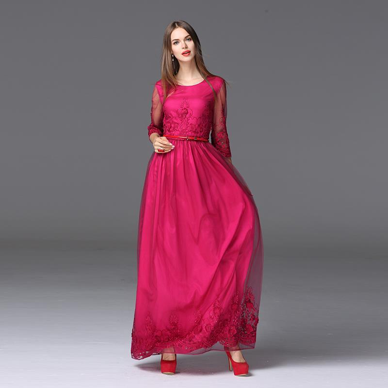 Vintage Dress New 2016 Spring Fashion Brand Runway 7 Points Sleeve Belt Elegant Mesh Embroidery Red Black Maxi Long Dress