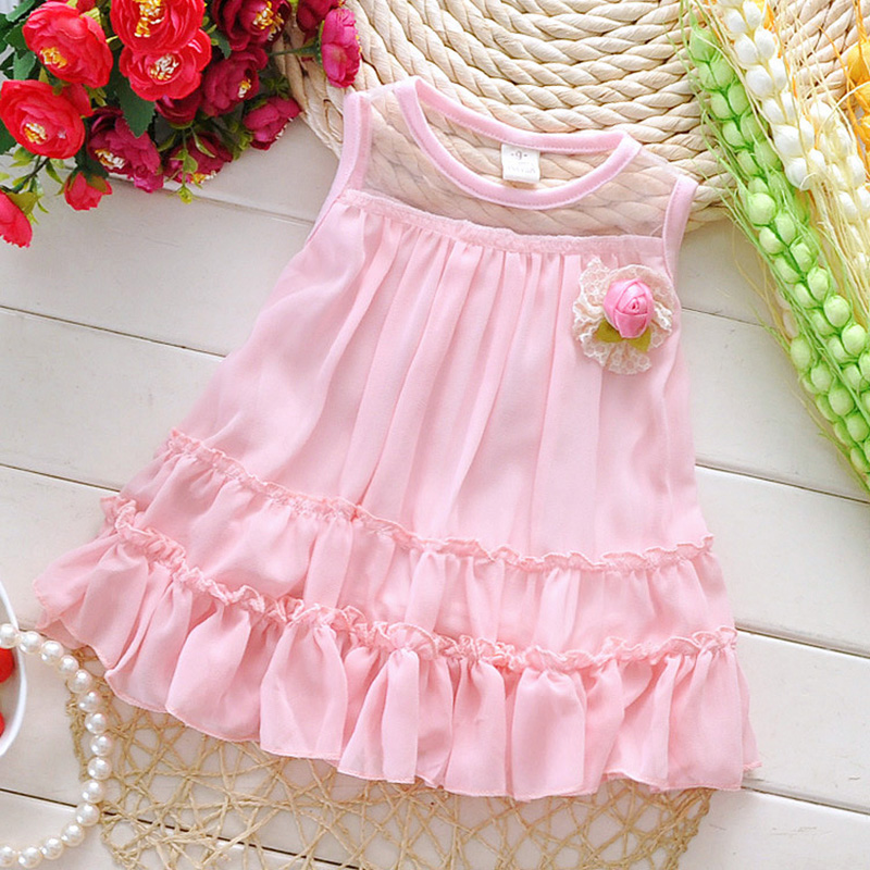 2016 Fashion Summer Sleeveless Lace Bow Cute Baby Party Birthday Girls Kids Children Dresses Princess Infant