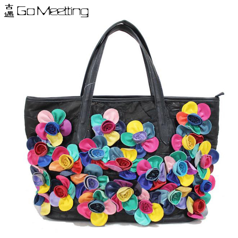 100% genuine leather handbag Sheepskin Black sheep splicing single shoulder bag Flowers  handbag Free shipping