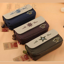 Vintage anchor pencil case big capacity pencil case double zipper pen box for boy school supplies stationery pencil bag