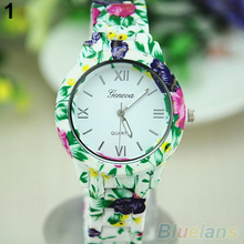 Mujeres de ginebra de la impresión Floral de cerámica estilo de cuarzo analógico reloj de pulsera