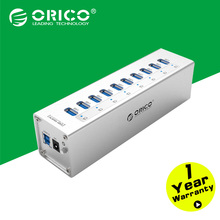 Aluminum 10 Ports Multi USB3.0 HUB Splitter with Power Adapter-Silver