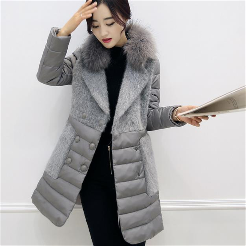 2016 New Turn-down Collar with Fur Patchwork Double Breasted OL Down Cotton Jacket Women Winter Long Slim Coat Plus Size ZS690