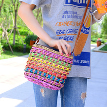 2015 New Summer Style Straw Weaving Bucket bag Women Travel bags Ladies Beach Shoulder bag Rainbow Color Crossbody bag for women