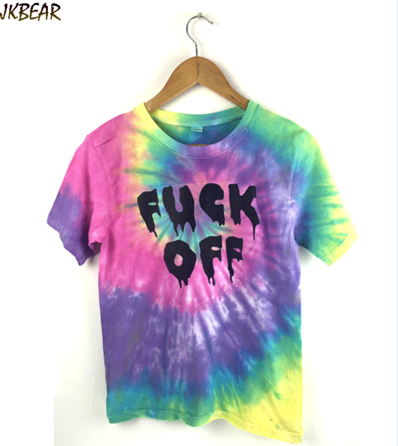 New-arriving Letter Print Fuck Off Tie Dye T Shirts for Women and Men Fashionable Rainbow Paisley Tie-dye Tee S-XL 1