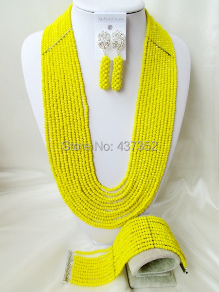 Charming 26'' Long 12layers Jade Lemon Yellow Crystal Nigerian African Wedding Beads Jewelry Set CPS5248
