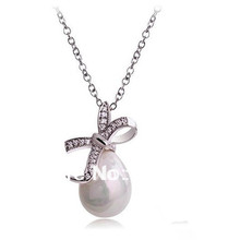 Rhodium Silver Pear Shaped Drop Bow Pendant Crystal Diamante Necklace Jewlery