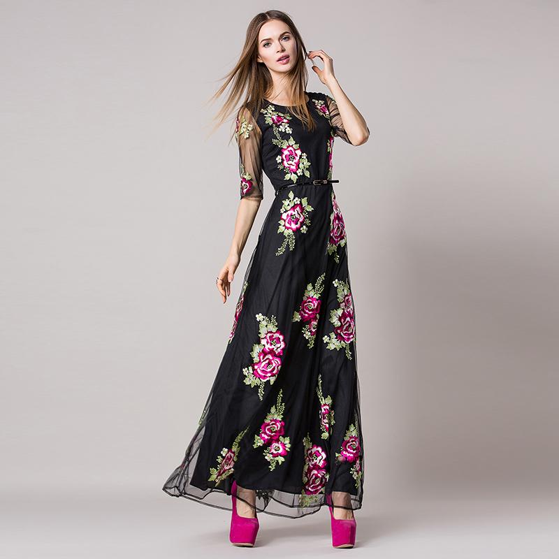Elegant Dress 2016 Summer Fashion Runway Brand Half Sleeve Flower Embroidery Hollow Out Mesh Slim Belt Black Maxi Dress