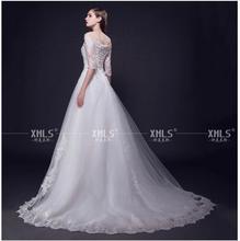 Vestido De Noiva New arrival 2015 fashion quality scoop neckline lace half sleeves with royal train