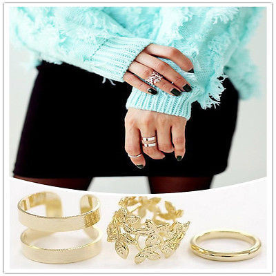 Fashion-Women-s-Metal-Gold-Silver-Plated-Leaf-Above-Knuckle-Finger-Ring-Set