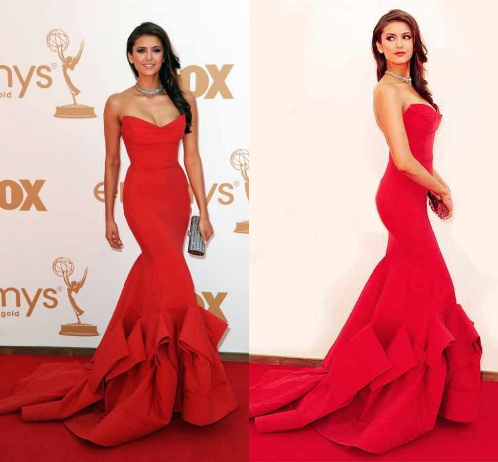 2014 Red Nina Dobrev Red Dress Mermaid Sweetheart Ruffle Sexy Evening