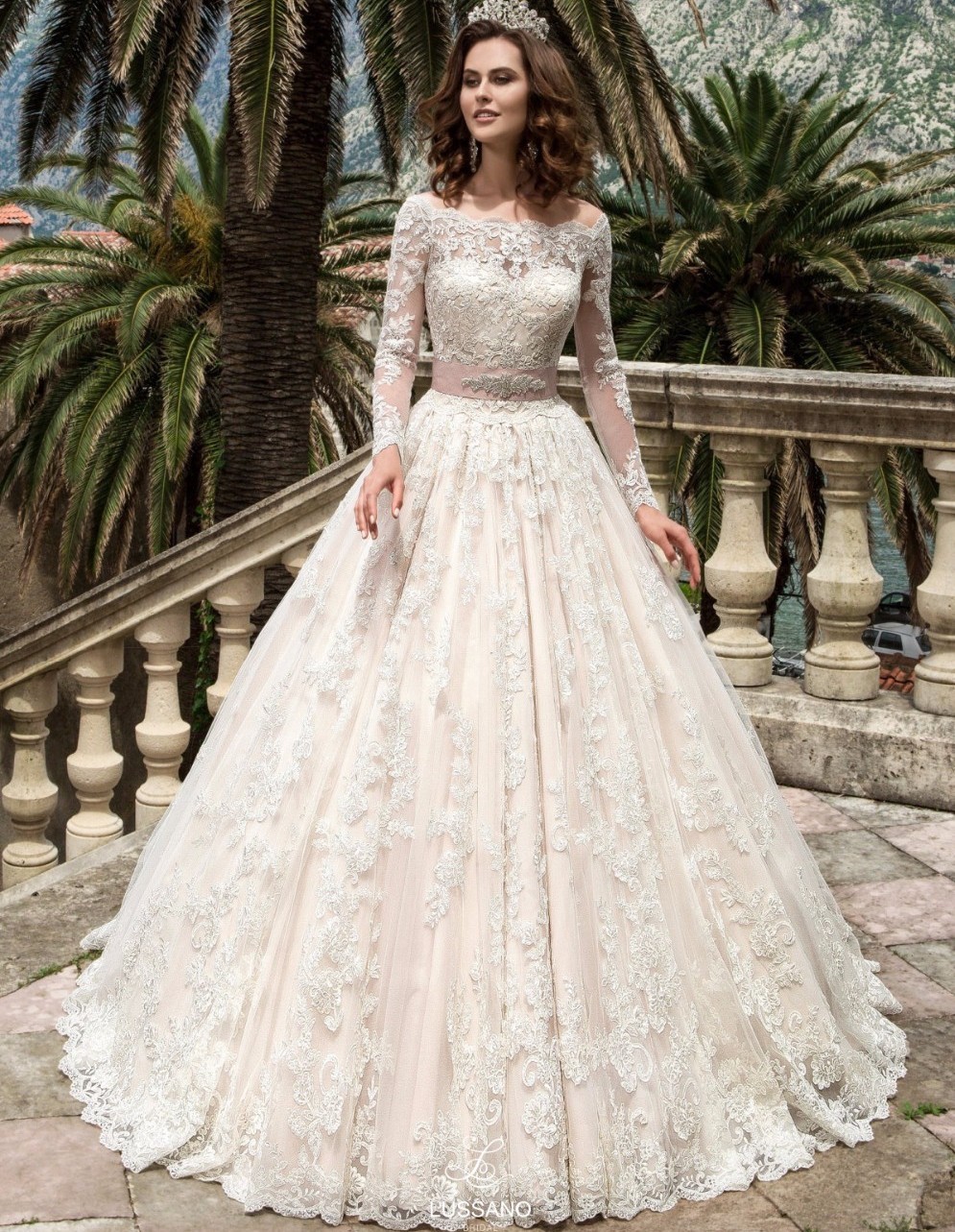 Long Sleeves Bead Belt Ball Gown Wedding Dress - My Wedding Ideas