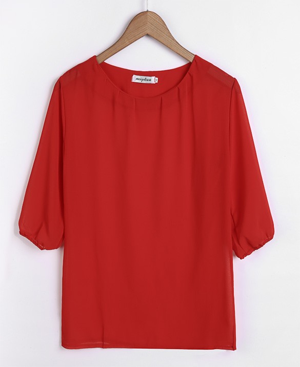 Женщины шифон красный топы свободного покроя с круглым вырезом 3/4 рукав чистой шифон сплошной блузка топы одежда китай