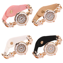 Moda mujer señora elegante flor piedras banda de Metal reloj de la pulsera