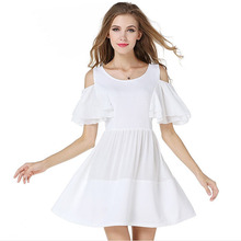 2015 Blanco Vestido Blanco descubierto del hombro manga de la llamarada gasa blanca princesa Dress Mini vestidos lindos barato de moda ropa mujer(China (Mainland))