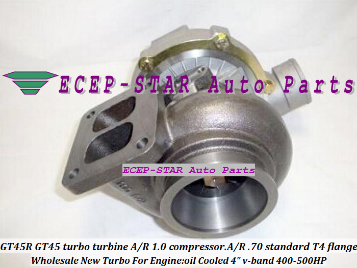 GT45R GT45 Turbo Turbocharger turbine. AR 1.0 compressor. AR .70 standard T4 oil Cooled 4 v-band 400-500HP (1)
