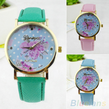 Moda flor color de rosa puntos Faux Leather Band cuarzo analógico relojes mujeres 2EC9