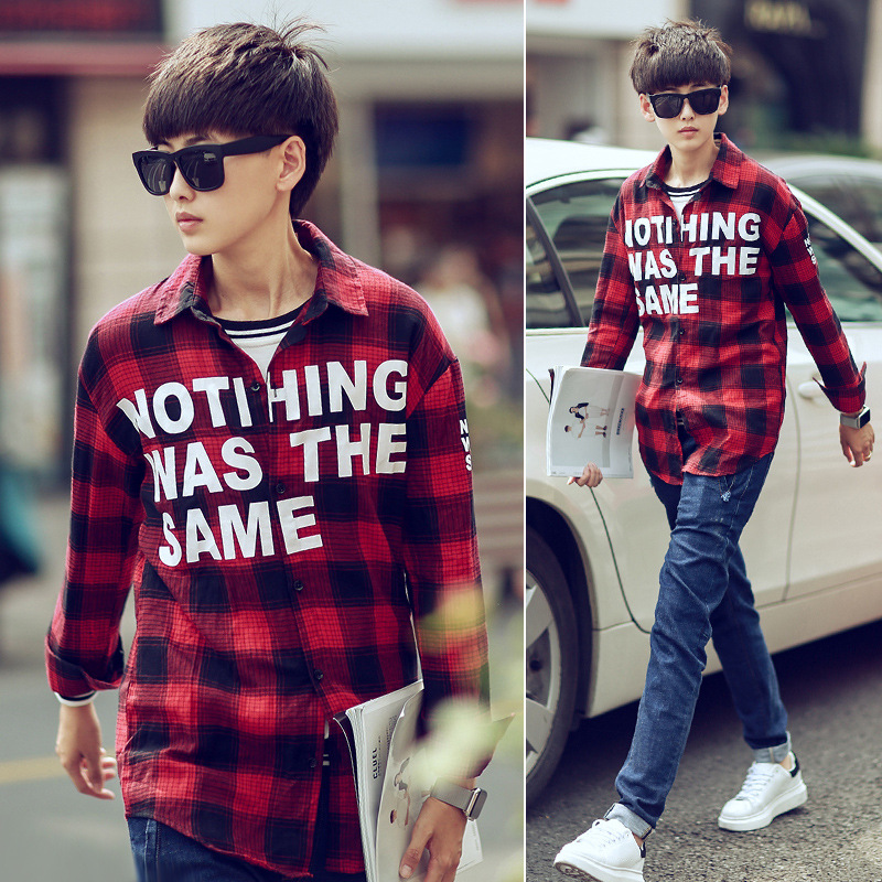 2016 men fall fashion printing letters font b tartans b font long sleeved shirt shirt one
